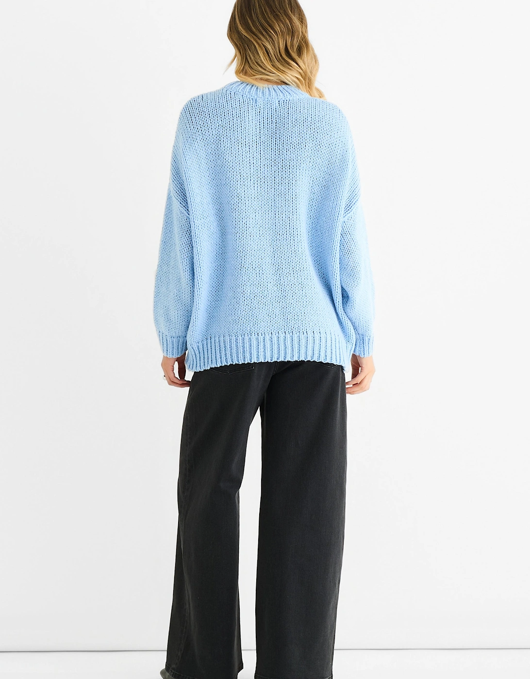 Blue Floral Crochet Chunky Knit Oversized Jumper