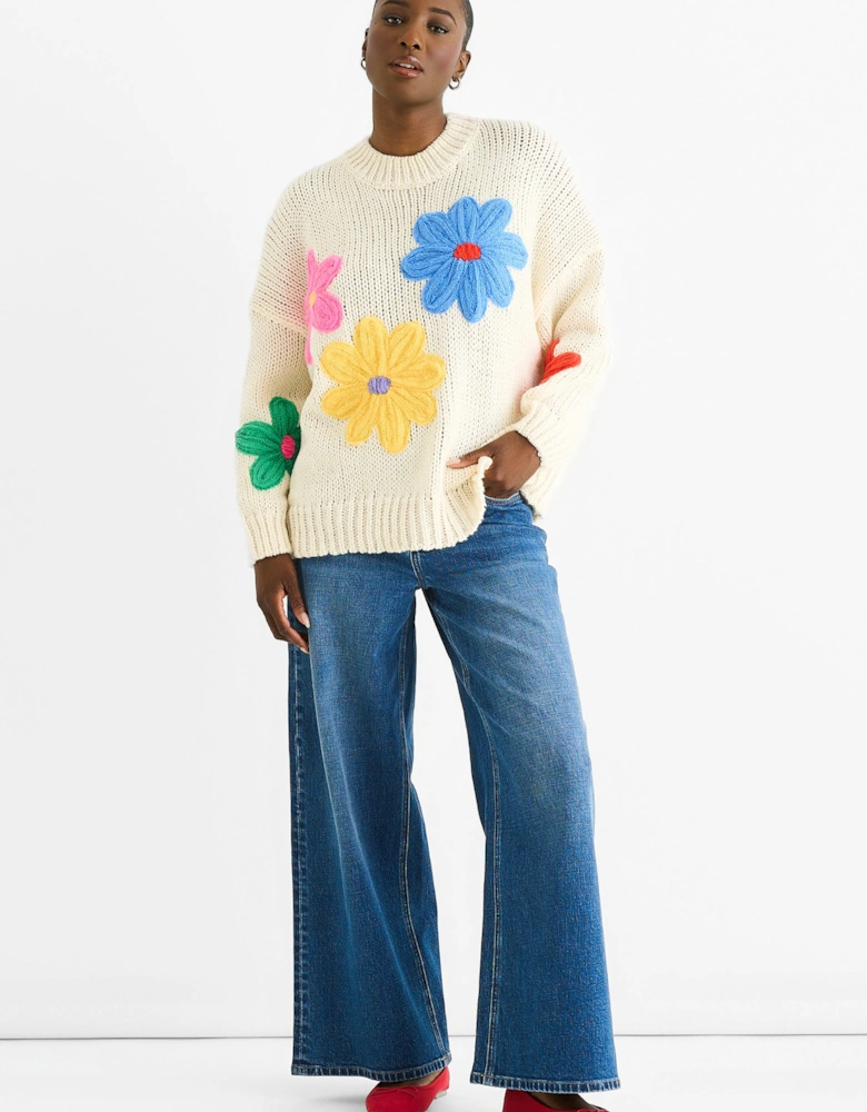 Cream Floral Crochet Chunky Knit Oversized Jumper