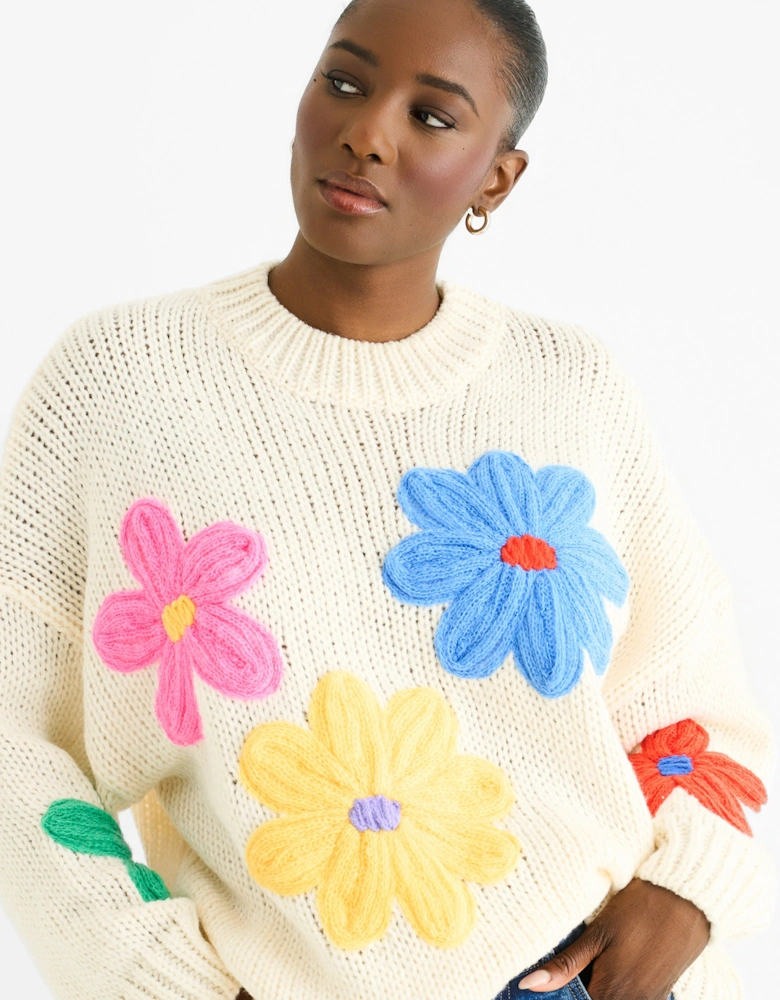 Cream Floral Crochet Chunky Knit Oversized Jumper