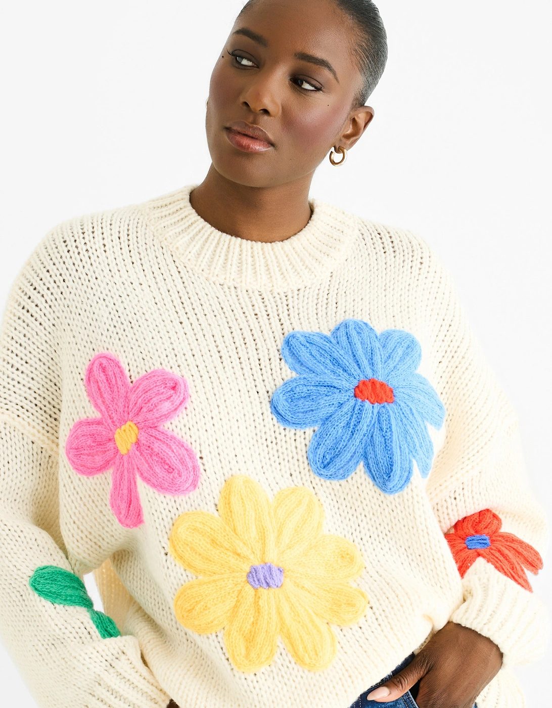 Cream Floral Crochet Chunky Knit Oversized Jumper