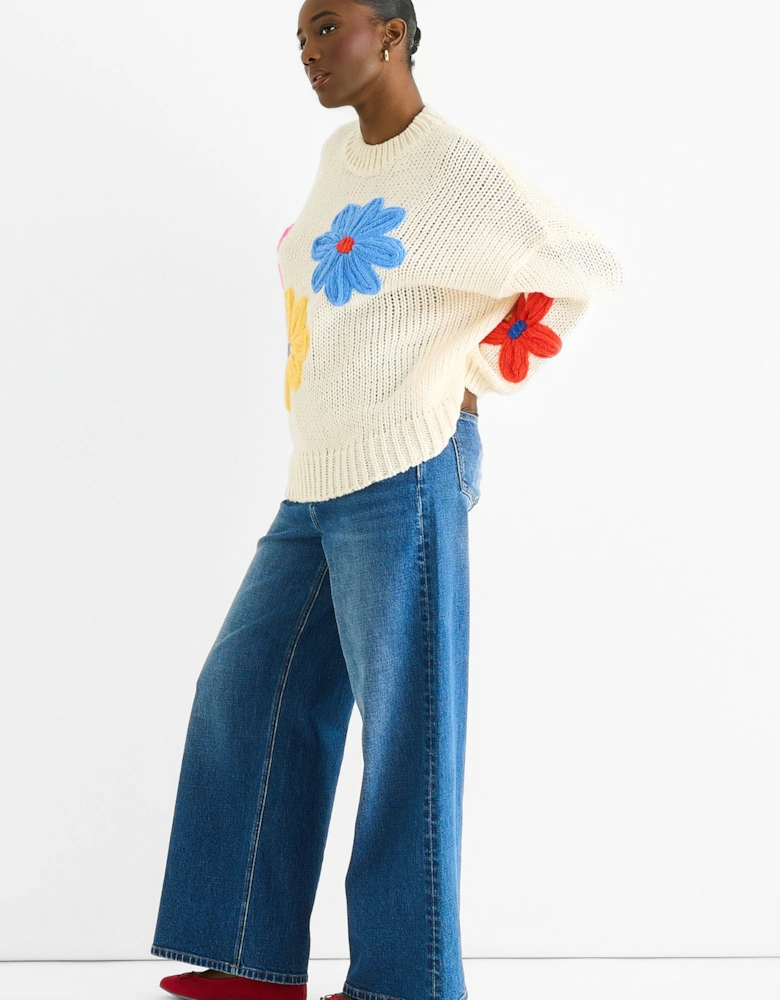 Cream Floral Crochet Chunky Knit Oversized Jumper