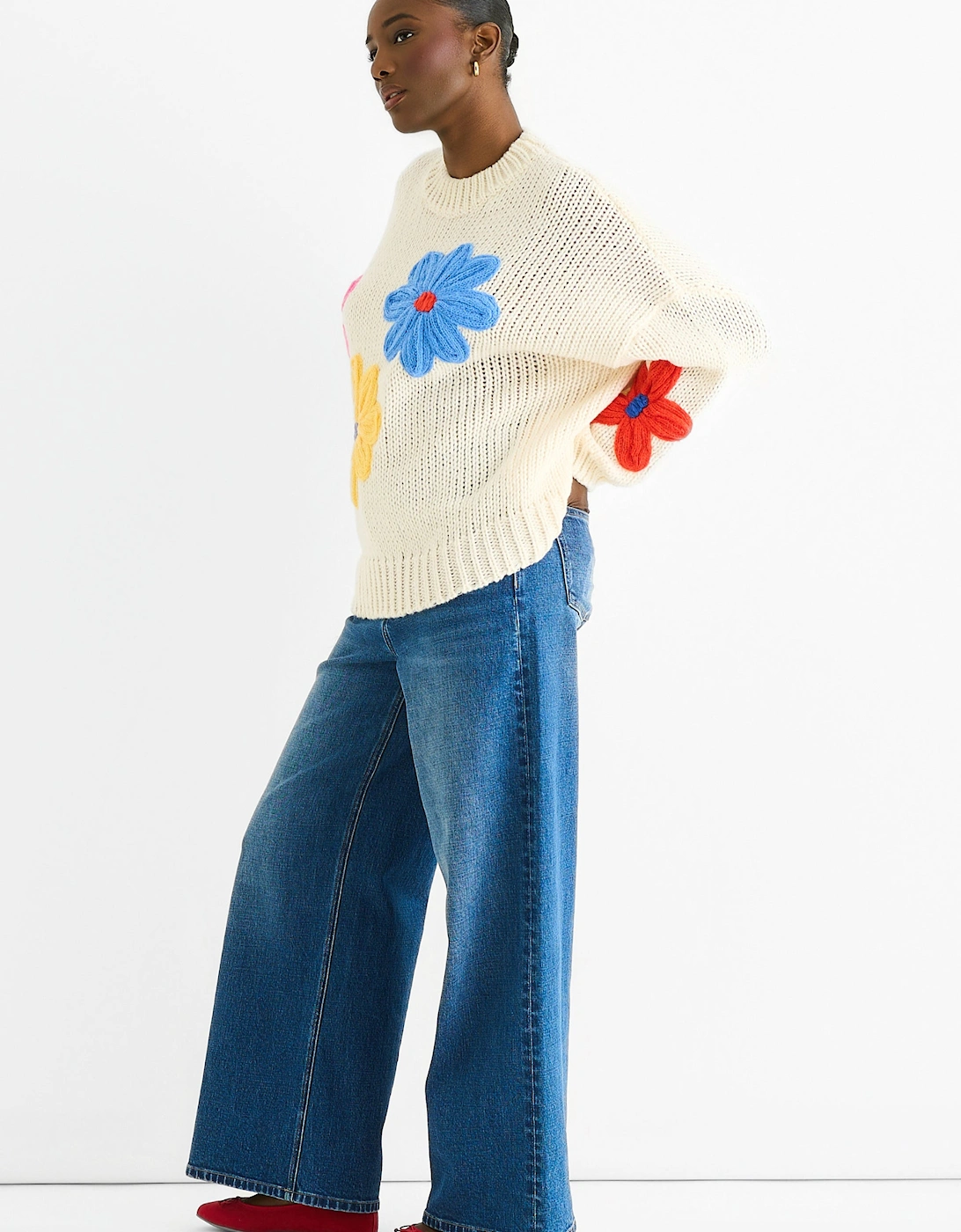 Cream Floral Crochet Chunky Knit Oversized Jumper