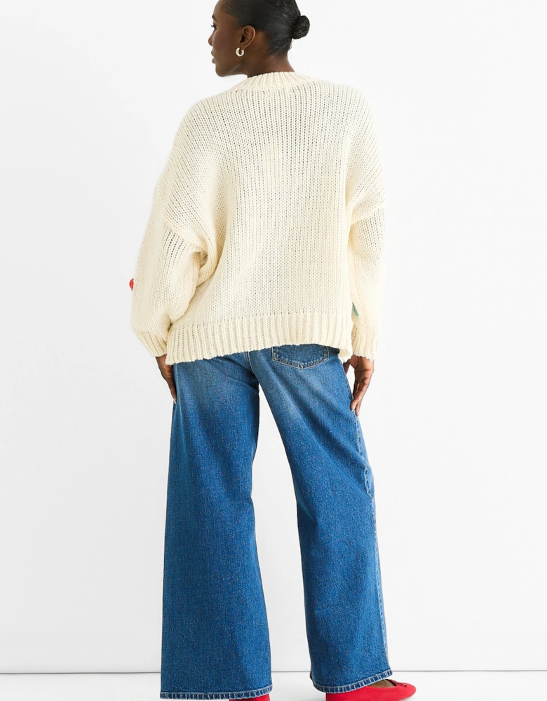 Cream Floral Crochet Chunky Knit Oversized Jumper