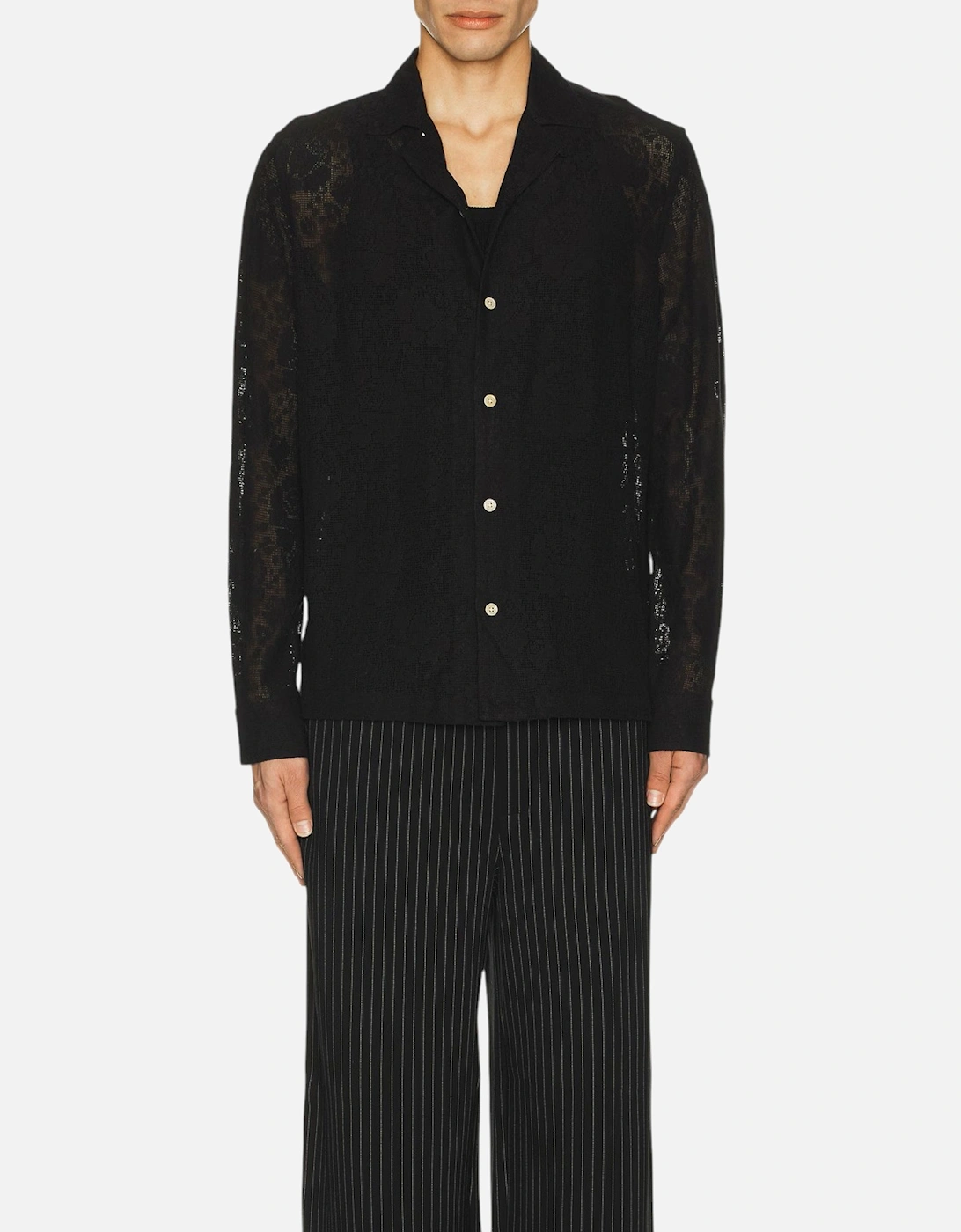 All Saints Mens Shirts Okesa Long Sleeve Relaxed Fit Lace Fabric Beach Shirt