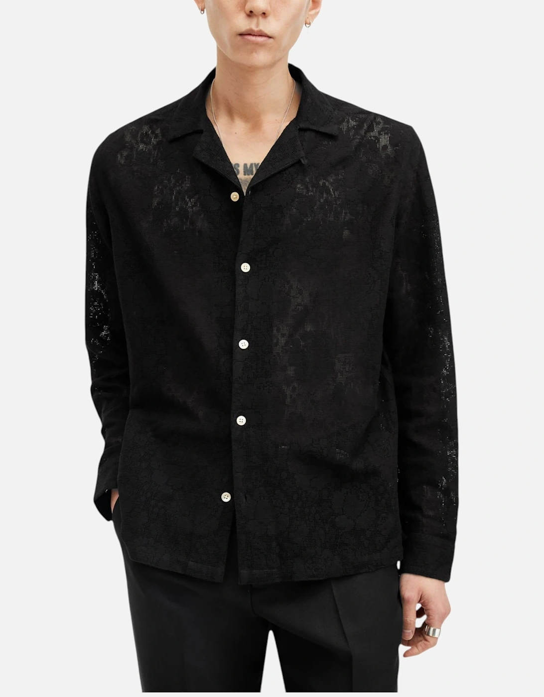 All Saints Mens Shirts Okesa Long Sleeve Relaxed Fit Lace Fabric Beach Shirt, 10 of 9