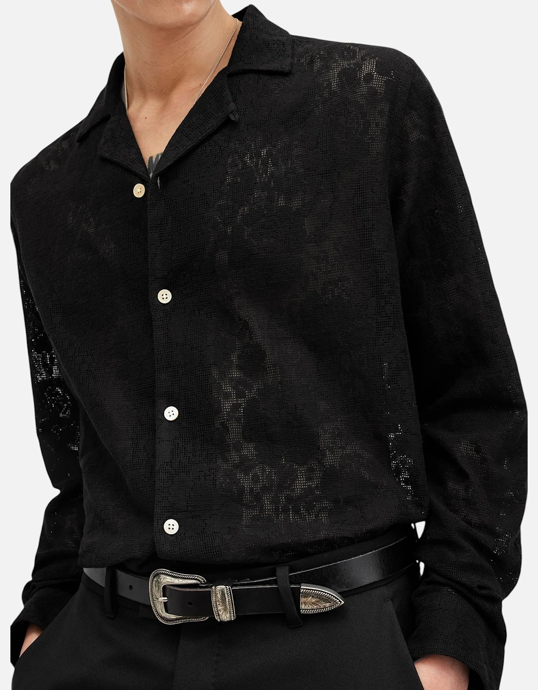 All Saints Mens Shirts Okesa Long Sleeve Relaxed Fit Lace Fabric Beach Shirt