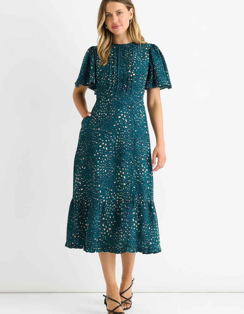 Green Animal Print Smock Oversized Tiered Midi Dress