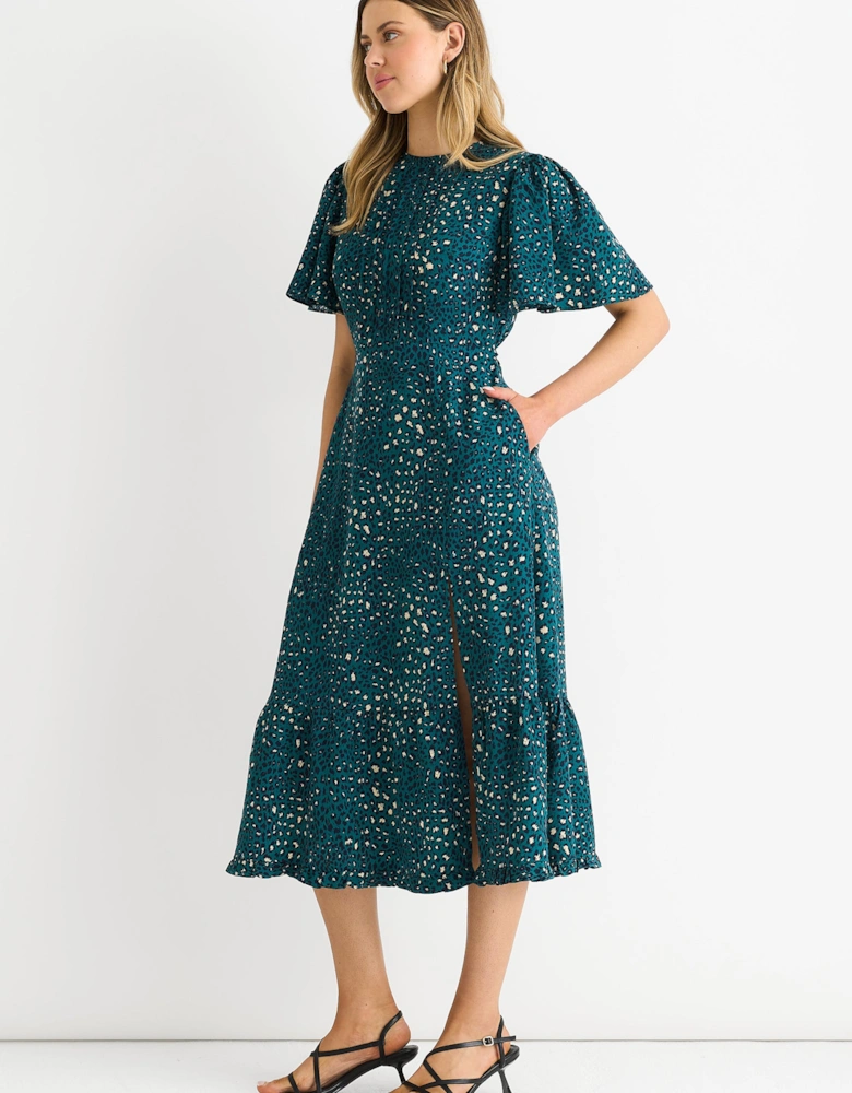 Green Animal Print Smock Oversized Tiered Midi Dress
