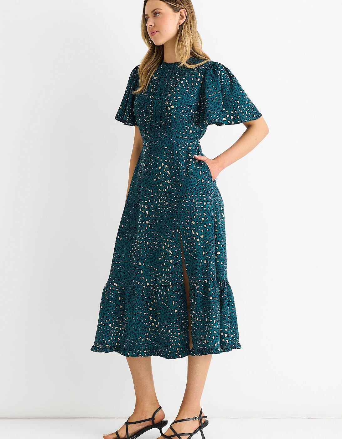 Green Animal Print Smock Oversized Tiered Midi Dress