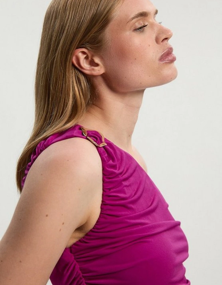 One Shoulder Drapey Crepe Trim Detail Ruched Top