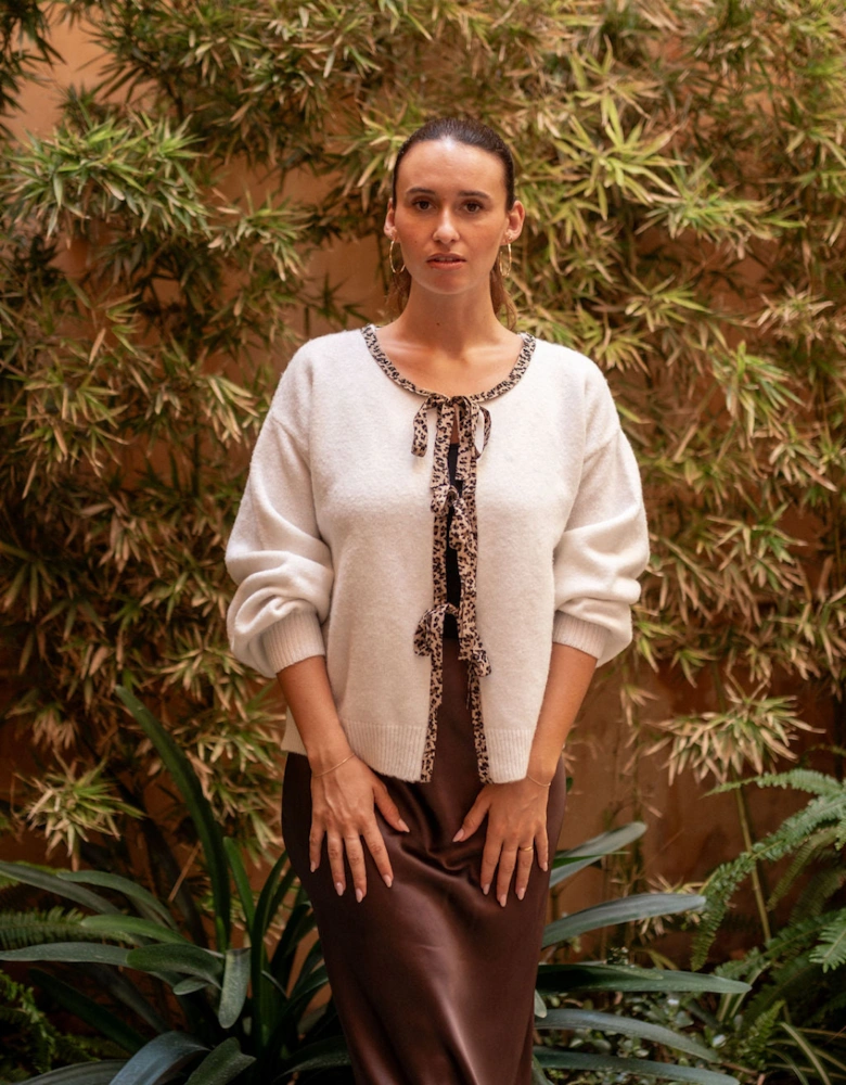 Cream Contrast Animal Tie Oversized Knit Cardigan