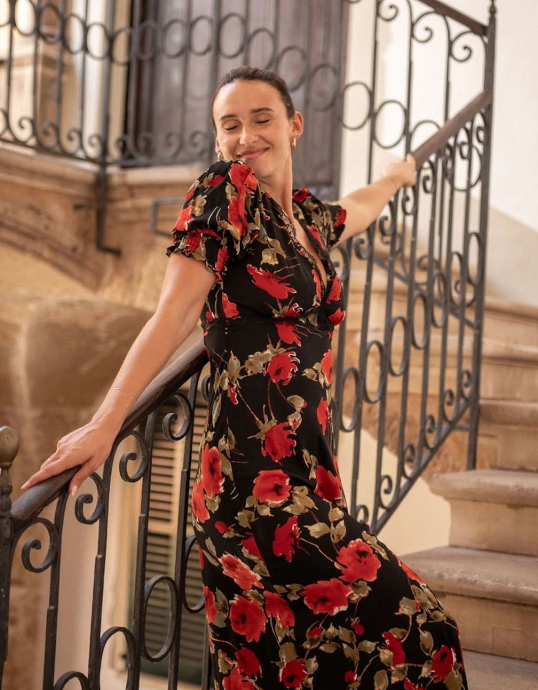 Black Floral Lace Trim Detail Midi Dress