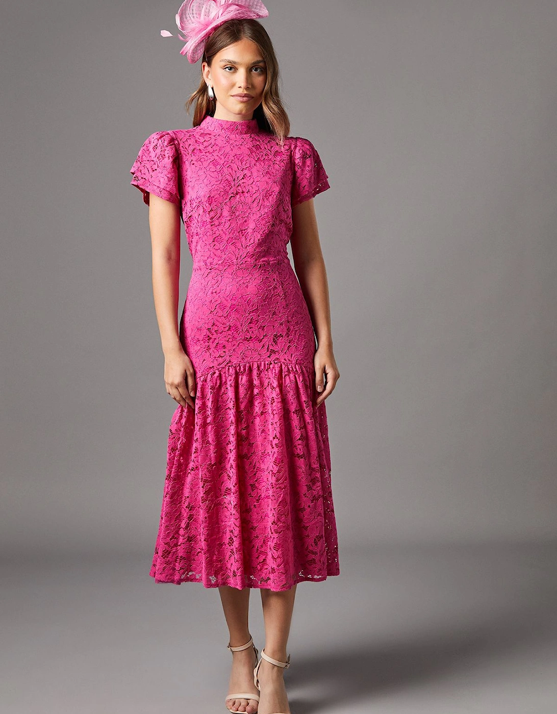 Lace Frill Sleeve High Neck Midi Dress, 2 of 1