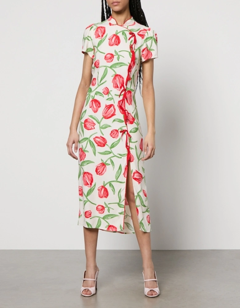 Leia Floral-Print Satin-Crepe Midi Dress