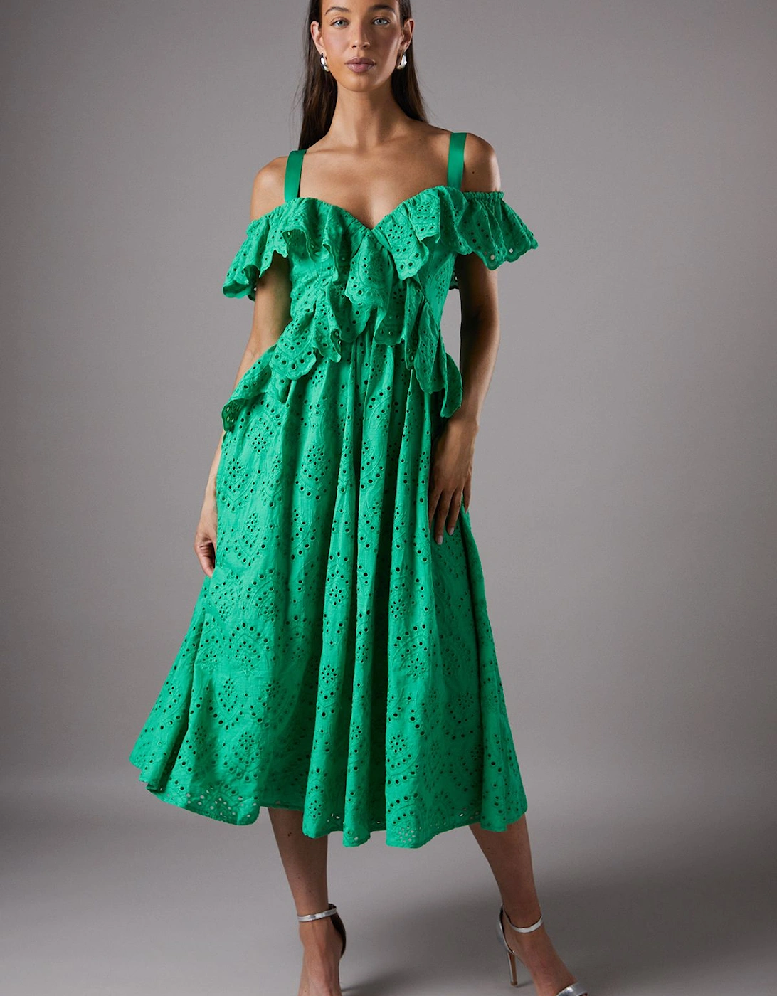 Strappy Cold Shoulder Broderie Frill Midi Dress, 2 of 1