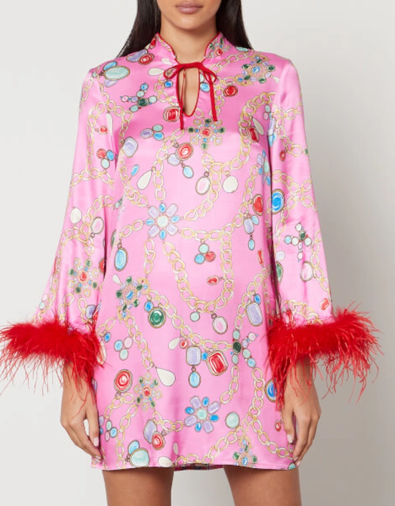 Carlotta Printed Feather-Trimmed Satin Mini Dress
