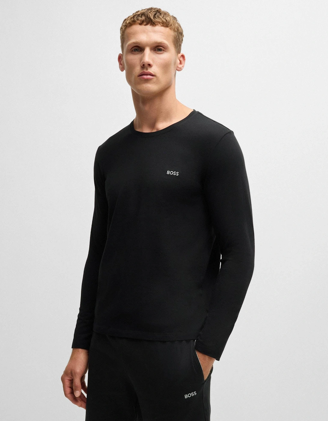 Hugo Boss Men's Boss Orange Mix&Match Mens Long Sleeve Stretch-Cotton T-Shirt With Embroidered Logo - Black 001 - Size, L
