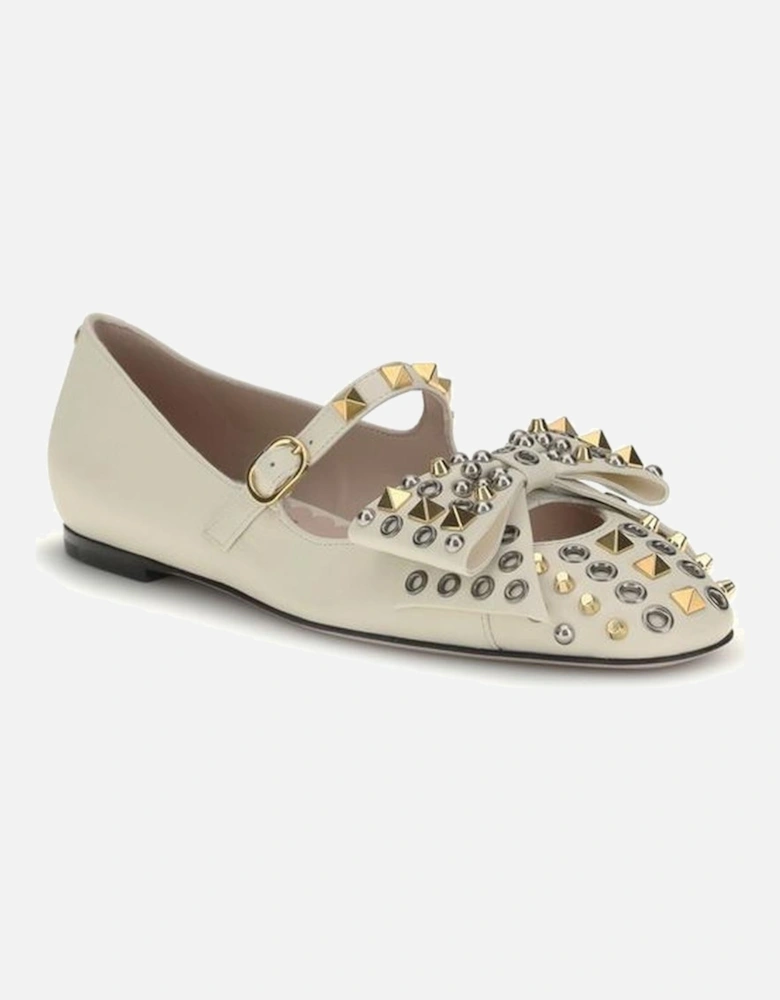 Mary-Jane Bow Ballerinas with Studded Eyelet Details Women - Cream