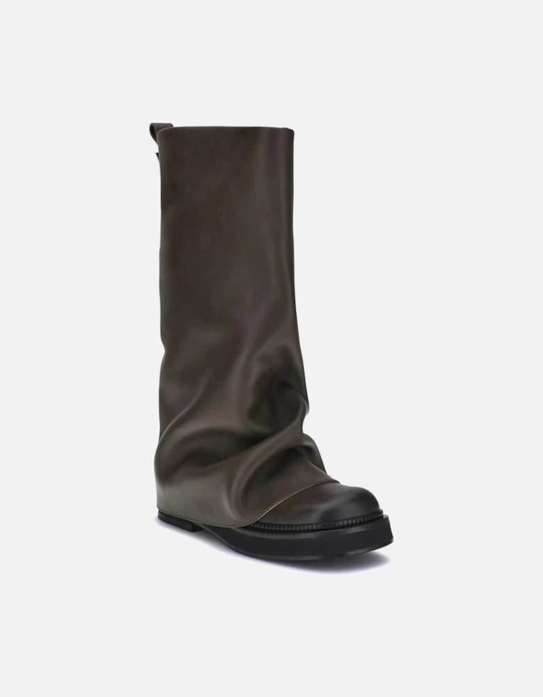 Sculptural Draped Panel Leather Block Heel Boots Women - Brown