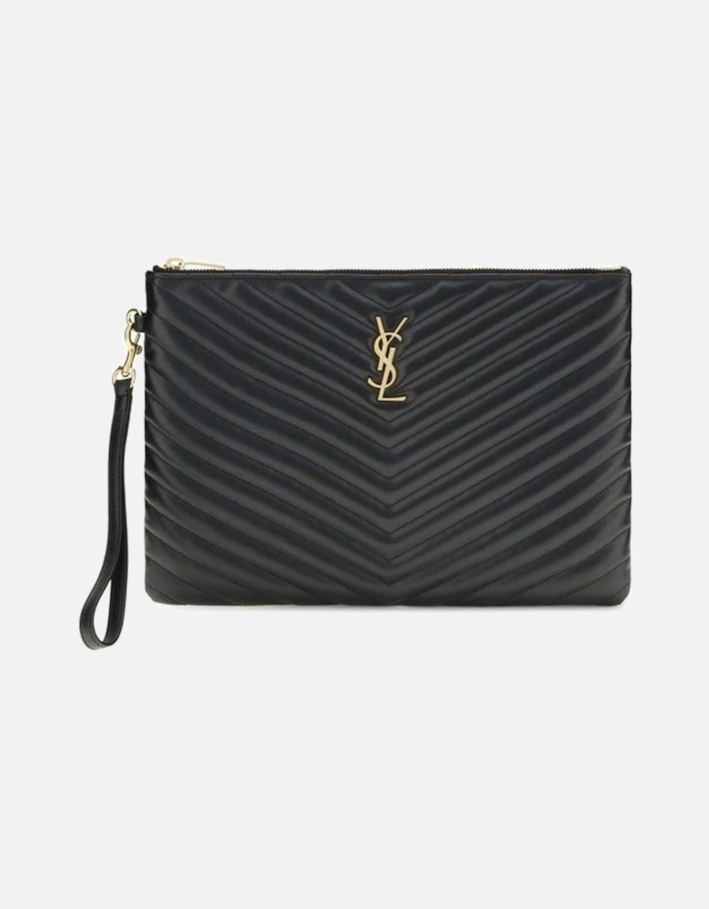 Denim-Effect Leather Matelasse Pouch with YSL Logo Women - Black