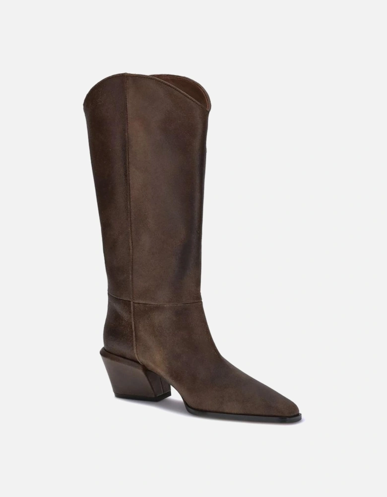 Glossy Leather Tapered Toe Boots with Chunky Heel Women - Brown
