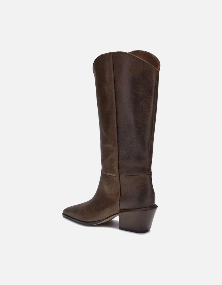Glossy Leather Tapered Toe Boots with Chunky Heel Women - Brown