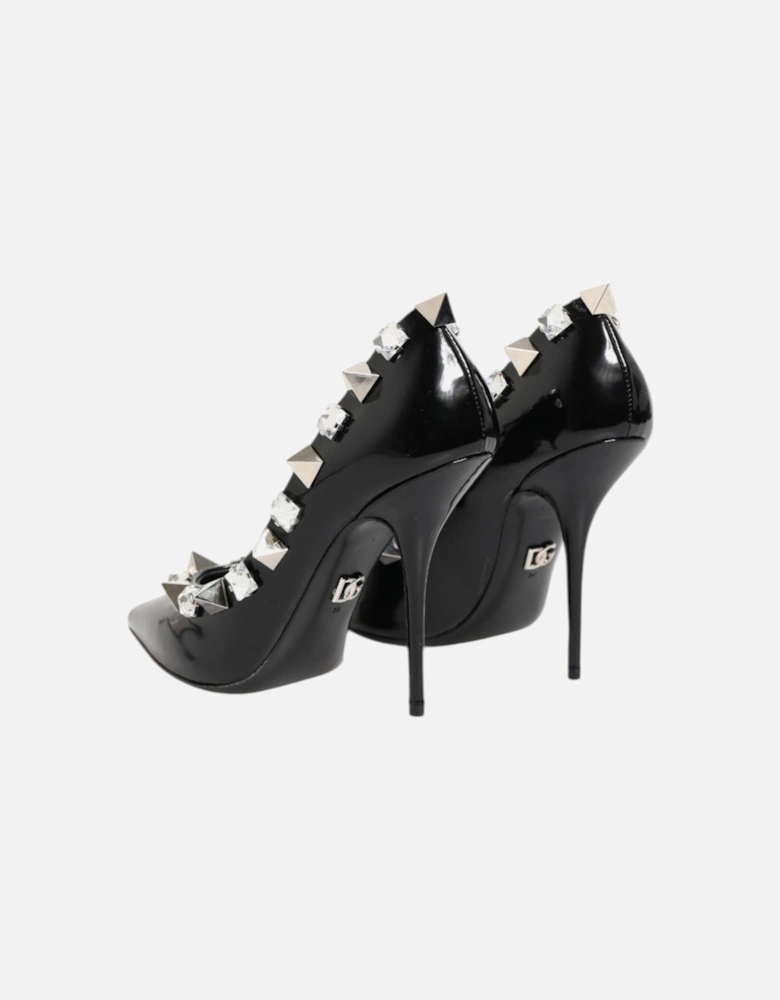 Embellished Leather Heels with Crystals Women - Black Pumps