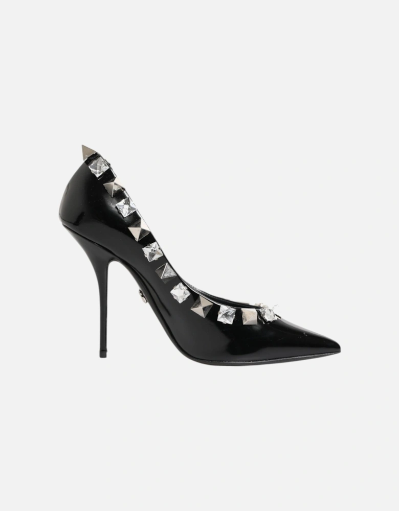 Embellished Leather Heels with Crystals Women - Black Pumps