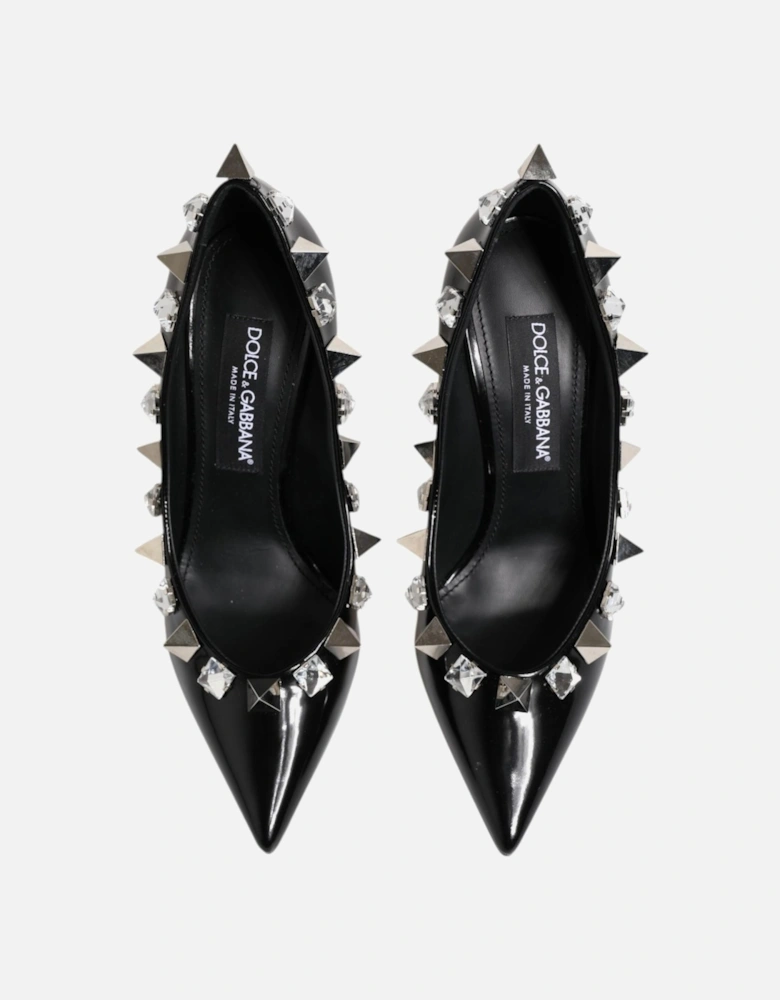 Embellished Leather Heels with Crystals Women - Black Pumps