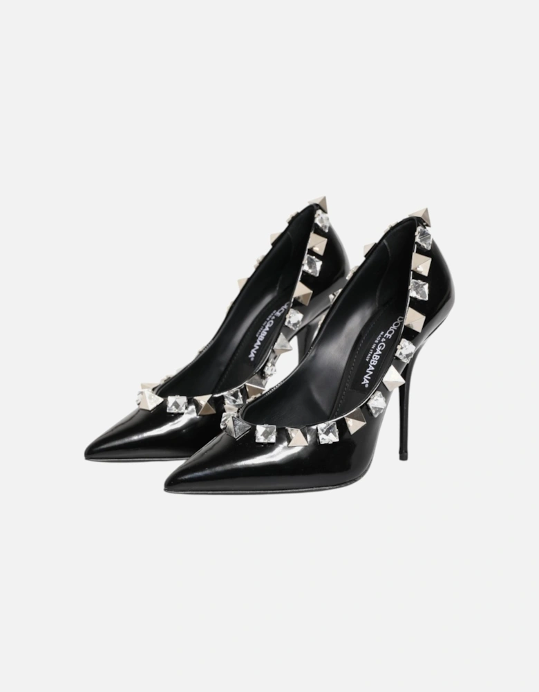 Embellished Leather Heels with Crystals Women - Black Pumps