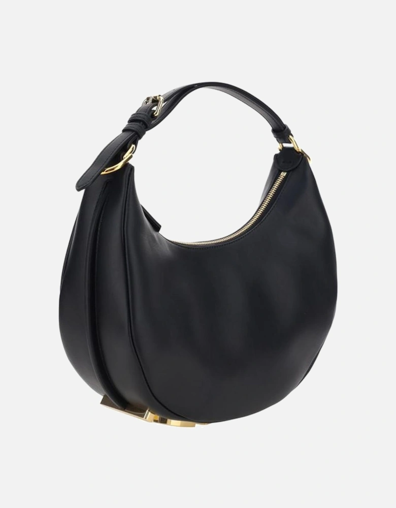 Smooth Leather Top Zip Bag with Brass Embossed Base Women - Black