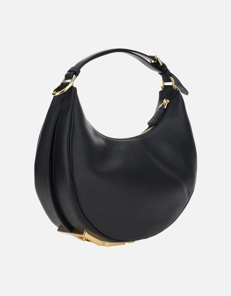 Smooth Leather Top Zip Bag with Brass Embossed Base Women - Black