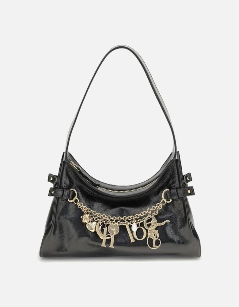 Glossy Calfskin Charms Hobo Shoulder Bag Women - Black