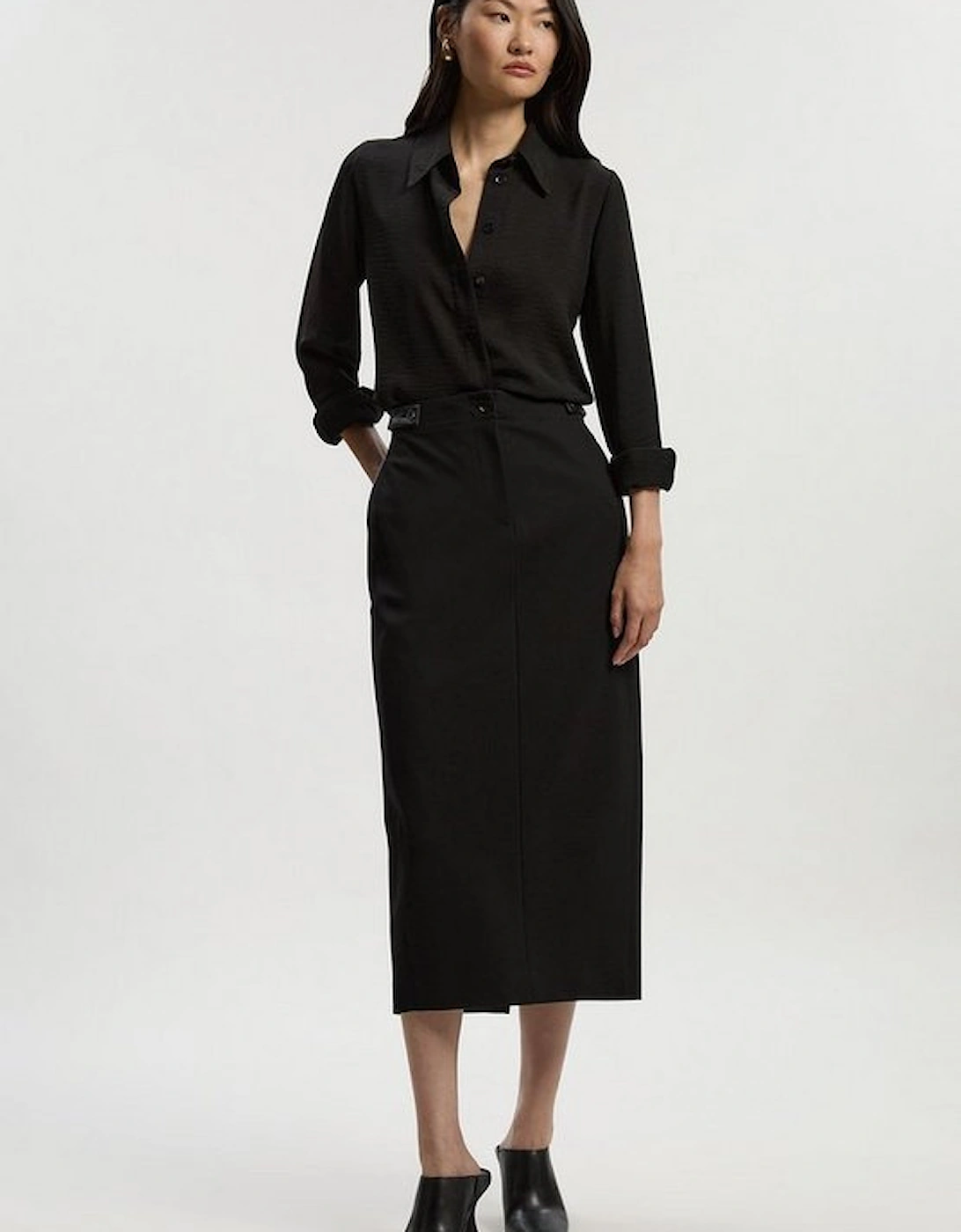 Ponte And Pu Mix Tab Detail Tailored Pencil Midi Skirt, 4 of 3