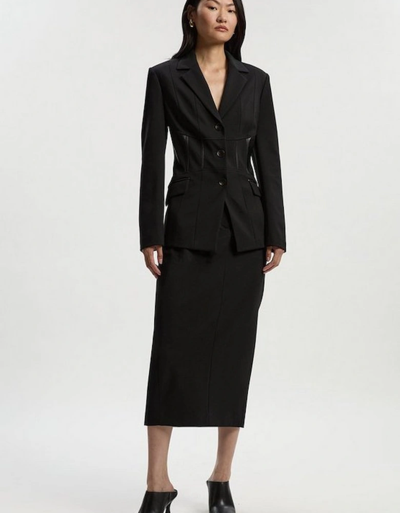 Ponte And Pu Mix Tab Detail Tailored Pencil Midi Skirt