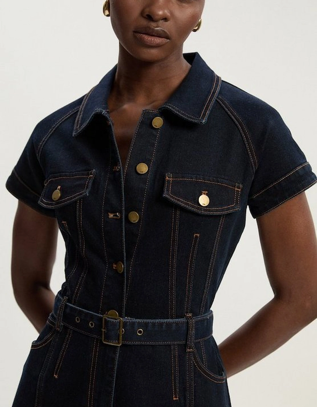Petite Denim Corset Waist Detail Wide Leg Jumpsuit