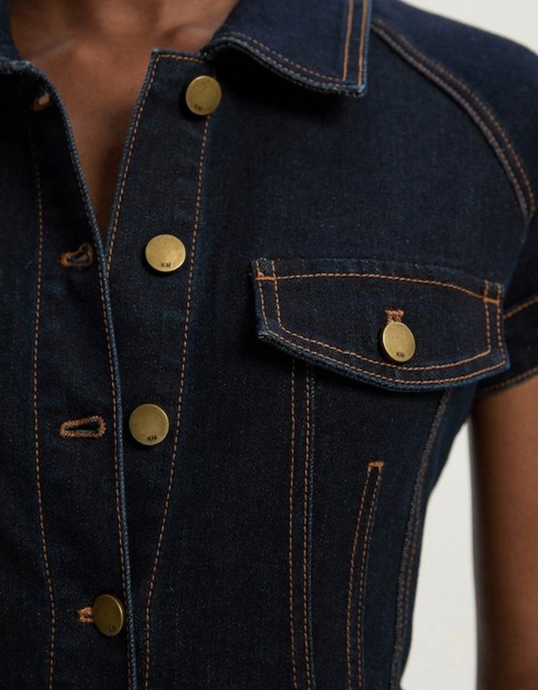 Petite Denim Corset Waist Detail Wide Leg Jumpsuit