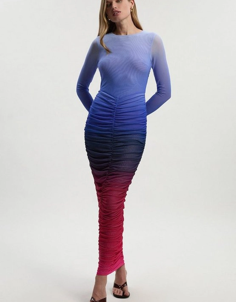 Ombre Printed Mesh Ruched Long Sleeve Maxi Dress