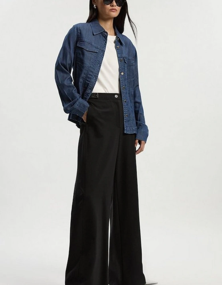 Ponte And Pu Mix Tab Detail Tailored Wide Leg Trouser