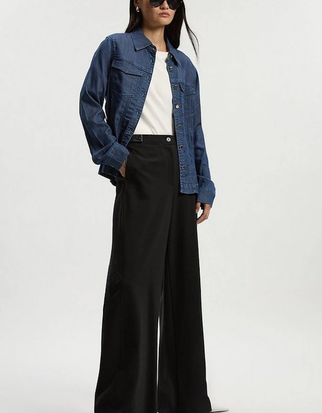 Ponte And Pu Mix Tab Detail Tailored Wide Leg Trouser, 4 of 3