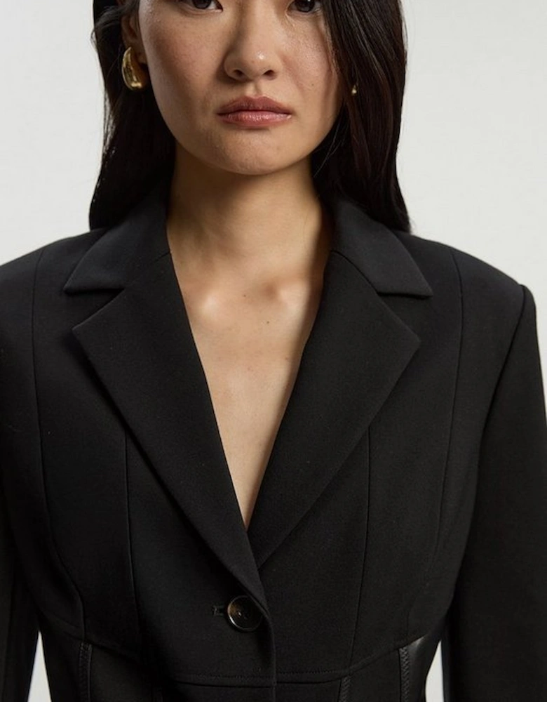 Ponte And Pu Mix Waist Seam Detail Tailored Single Breasted Blazer