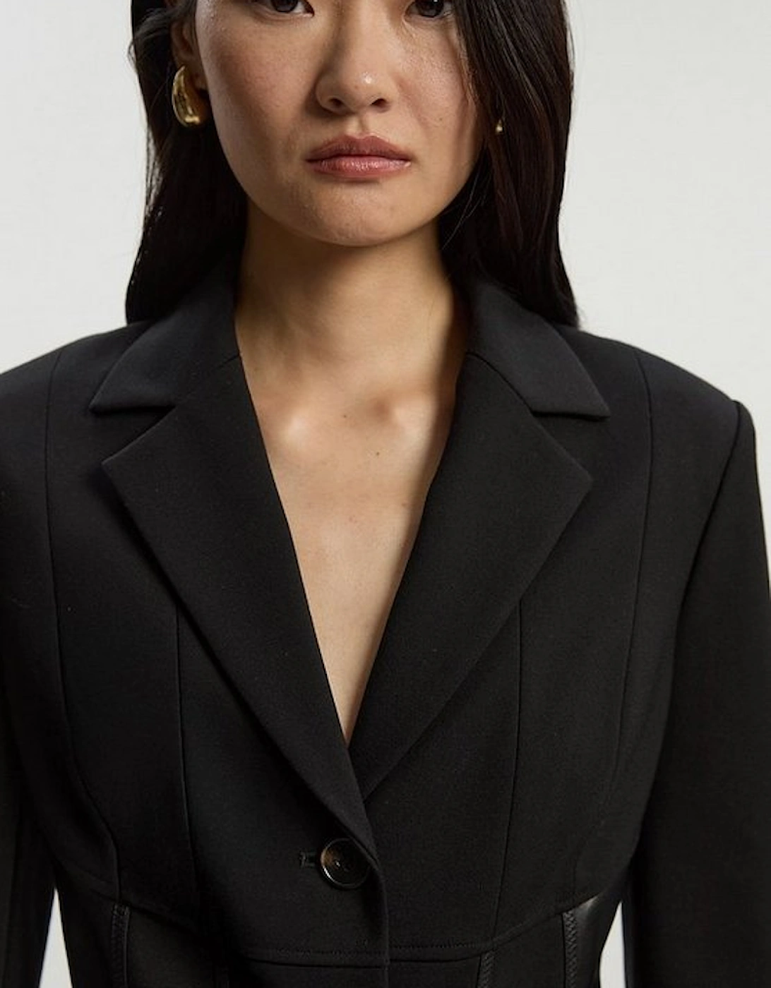 Ponte And Pu Mix Waist Seam Detail Tailored Single Breasted Blazer