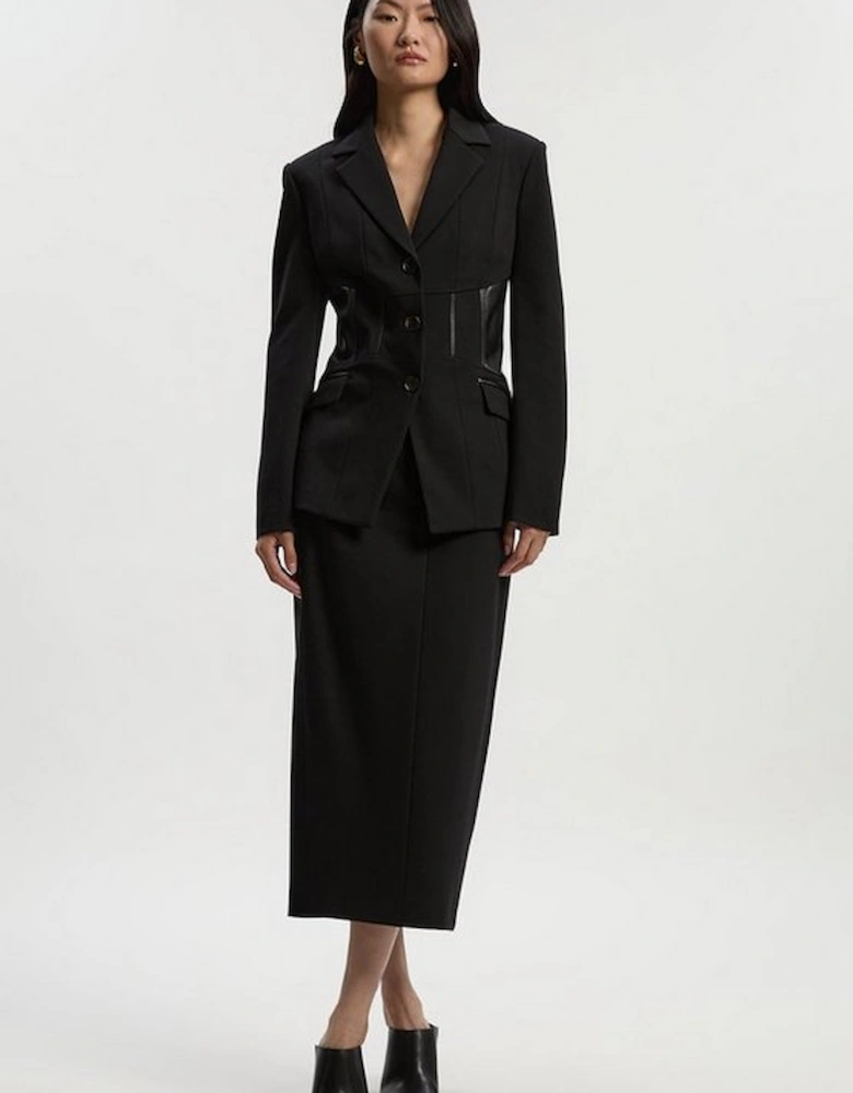 Ponte And Pu Mix Waist Seam Detail Tailored Single Breasted Blazer