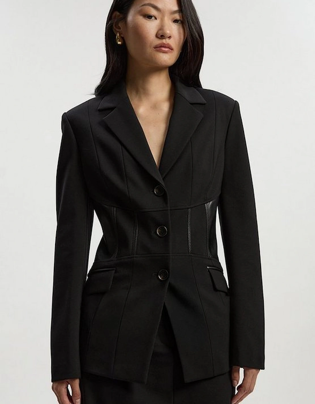 Ponte And Pu Mix Waist Seam Detail Tailored Single Breasted Blazer, 4 of 3