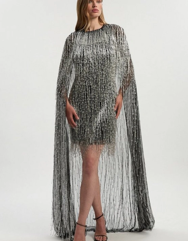Embellished Fringe Caped Woven Mini Dress