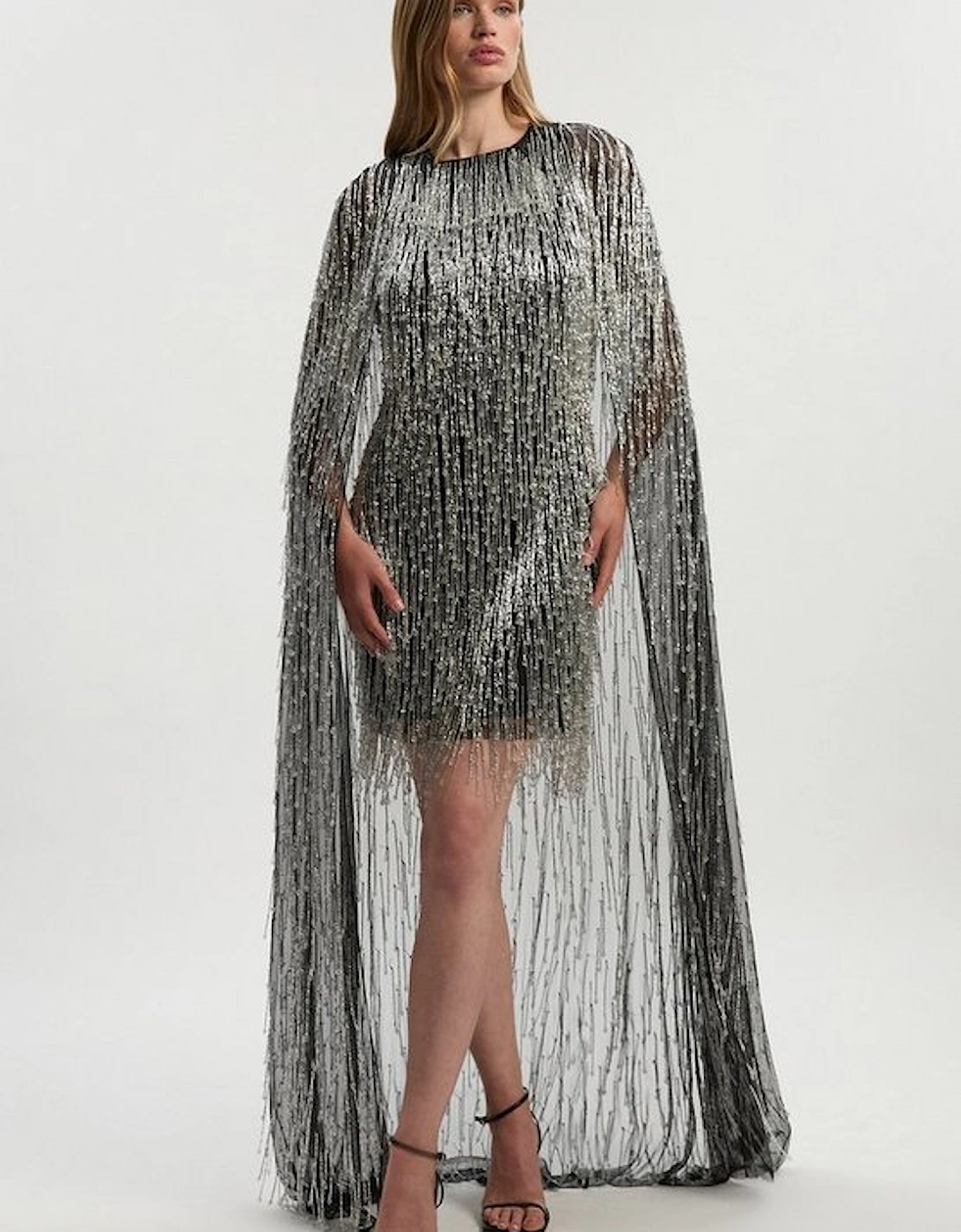 Embellished Fringe Caped Woven Mini Dress