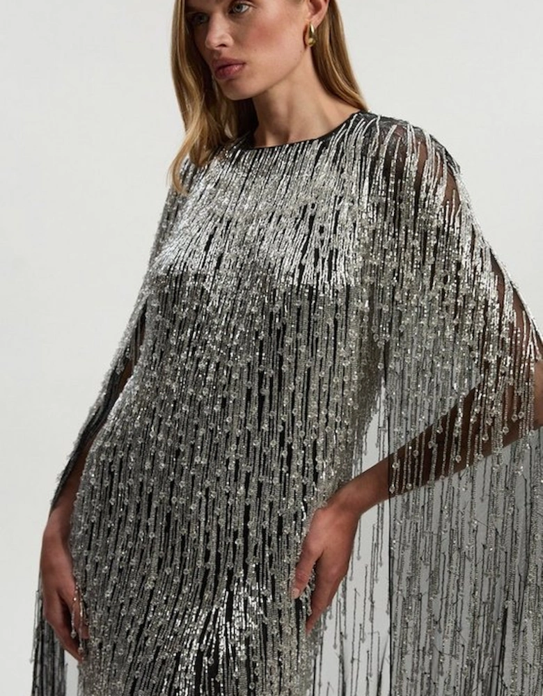 Embellished Fringe Caped Woven Mini Dress