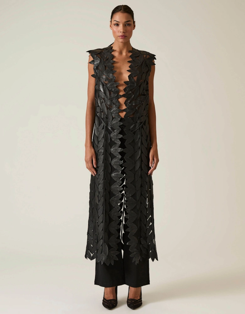 Long Black Leaf Leather Gilet