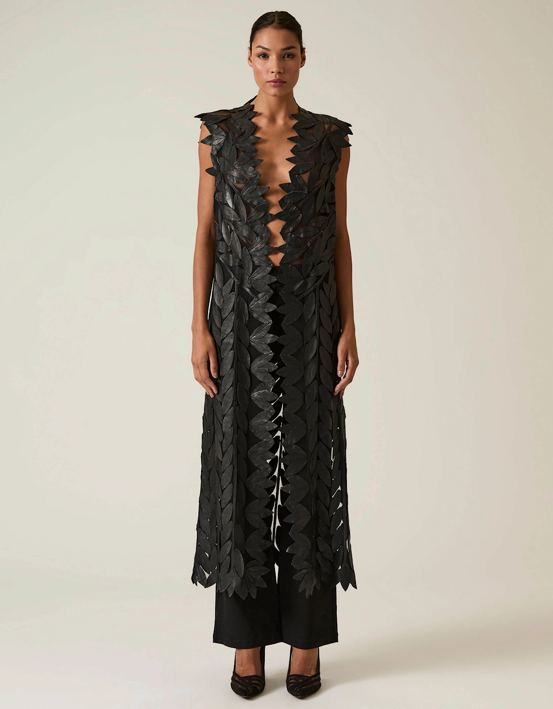 Long Black Leaf Leather Gilet