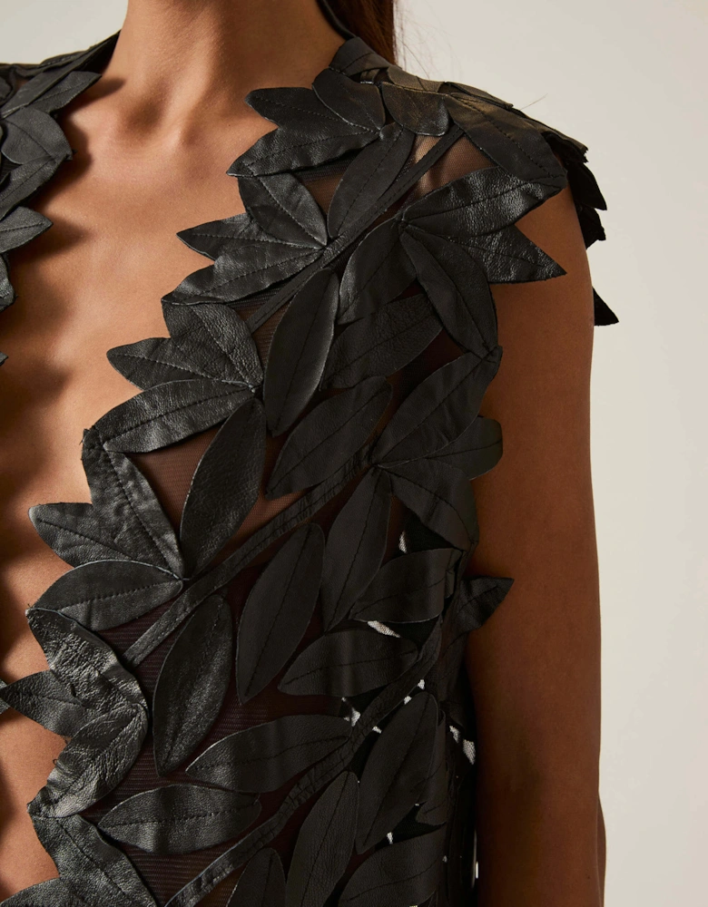Long Black Leaf Leather Gilet